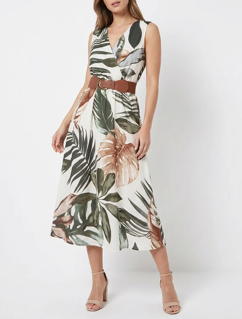 Robe sans manches imprimé feuillage - Kaki