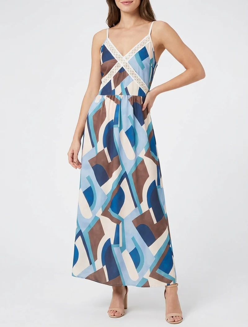 Robe imprimé graphique à empiècement broderie - Marine