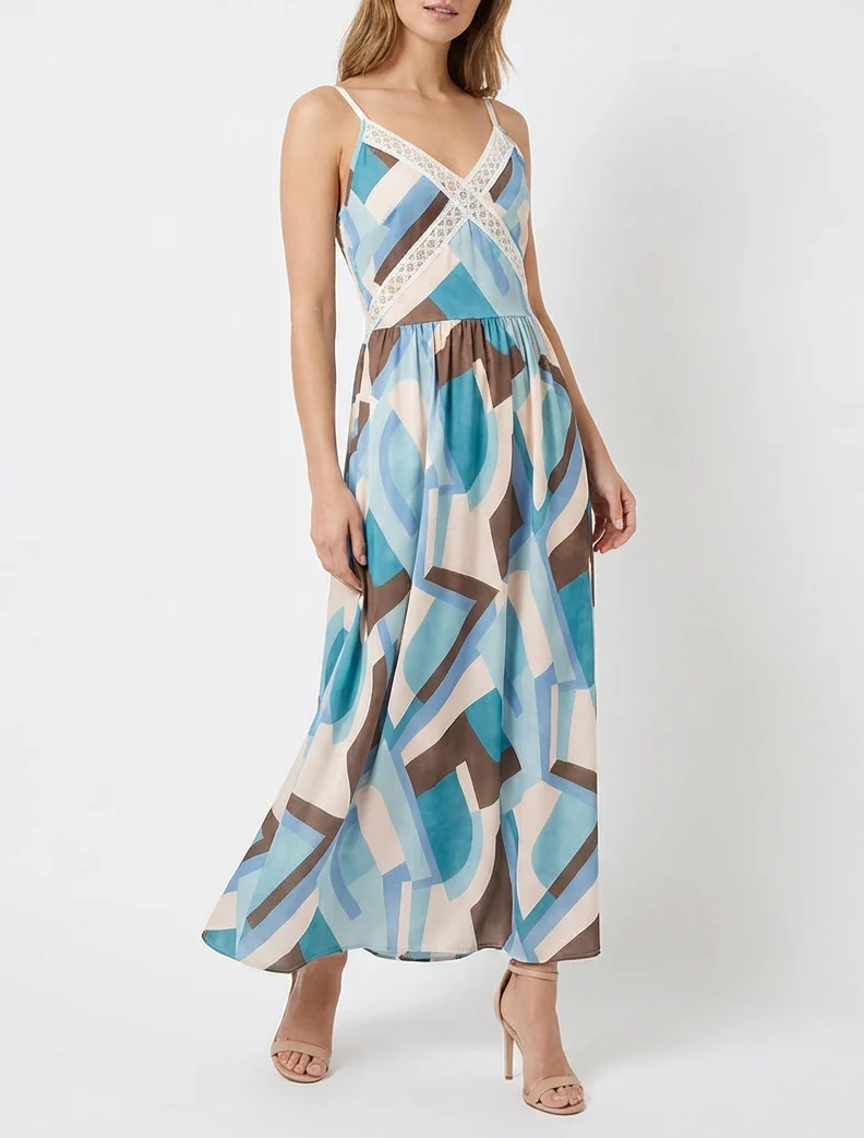 Robe imprimé graphique à empiècement broderie - Vert d'eau