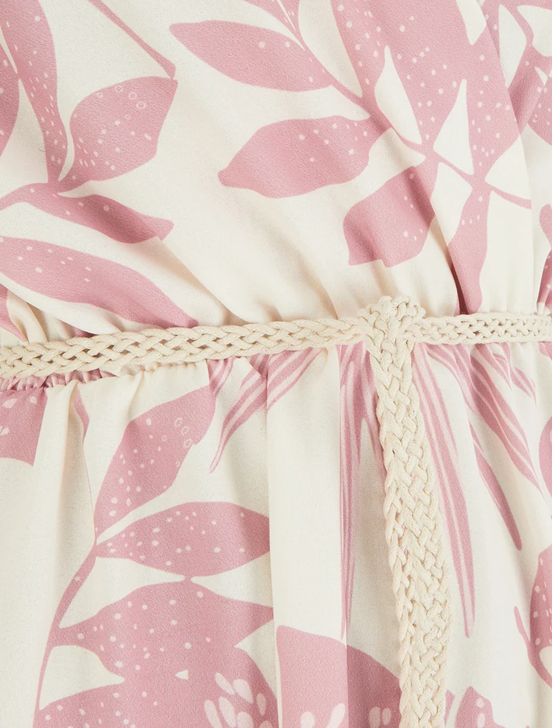 Robe mi-longue sans manches imprimé tropical - Rose