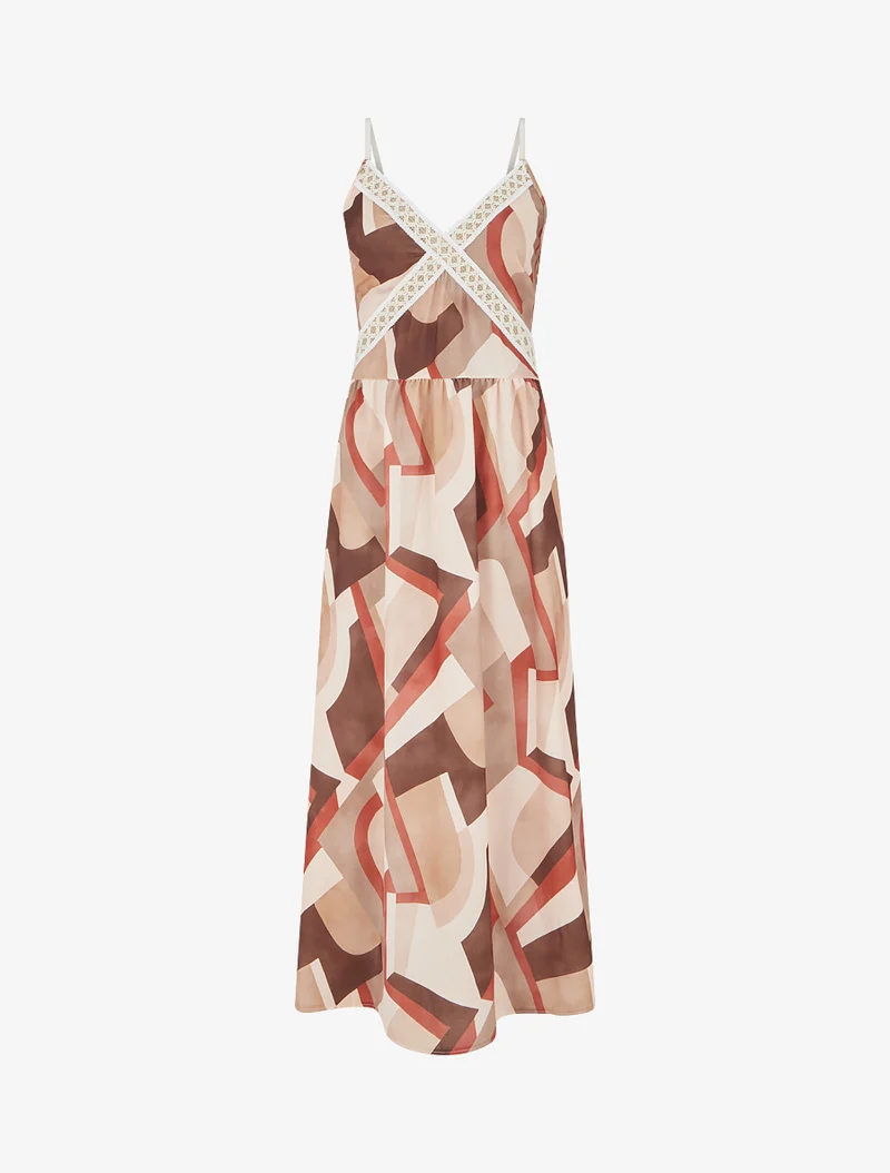 Robe imprimé graphique à empiècement broderie - Camel