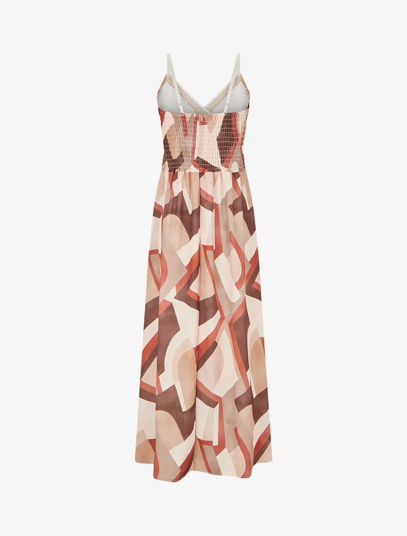 Robe imprimé graphique à empiècement broderie - Camel
