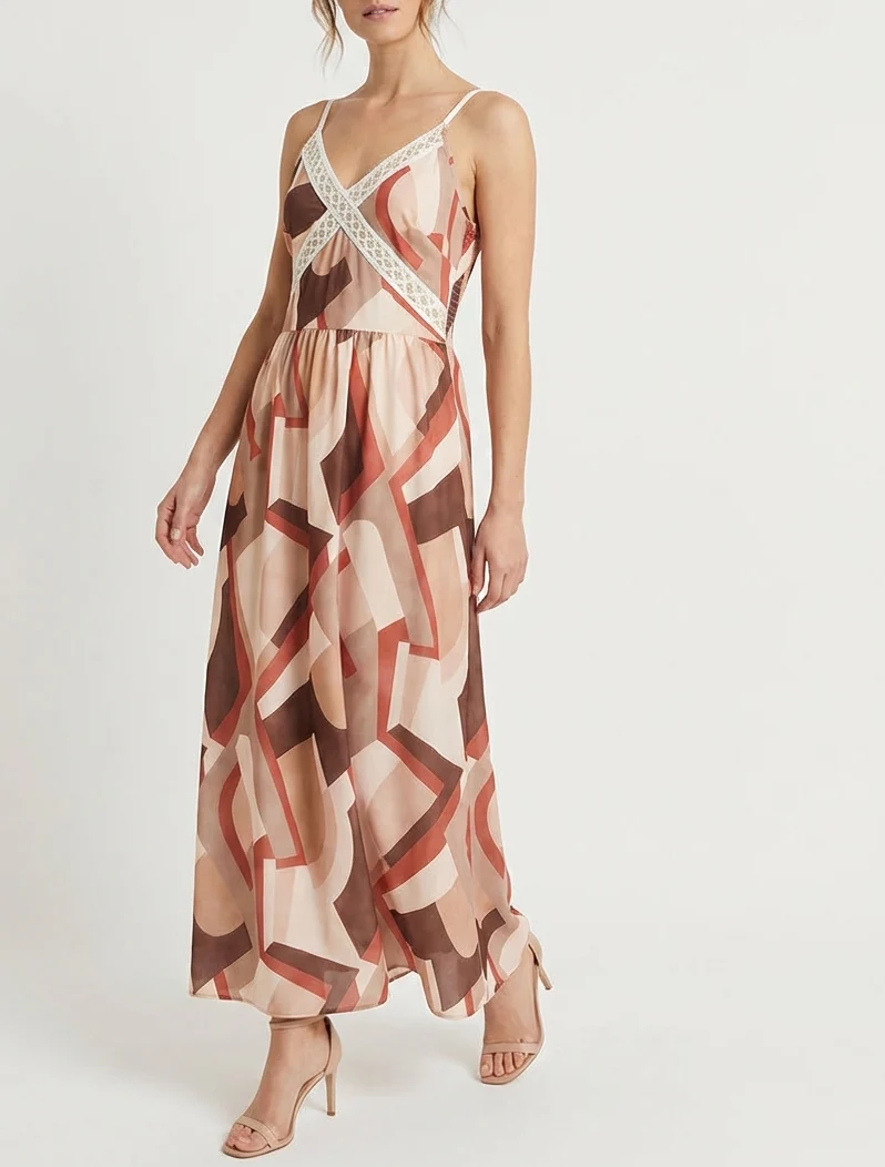Robe imprimé graphique à empiècement broderie - Camel