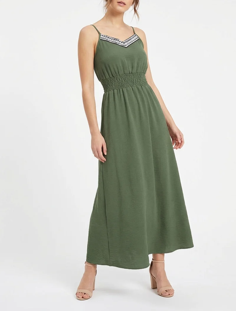 Robe longue unie à taille élastiquée - Kaki