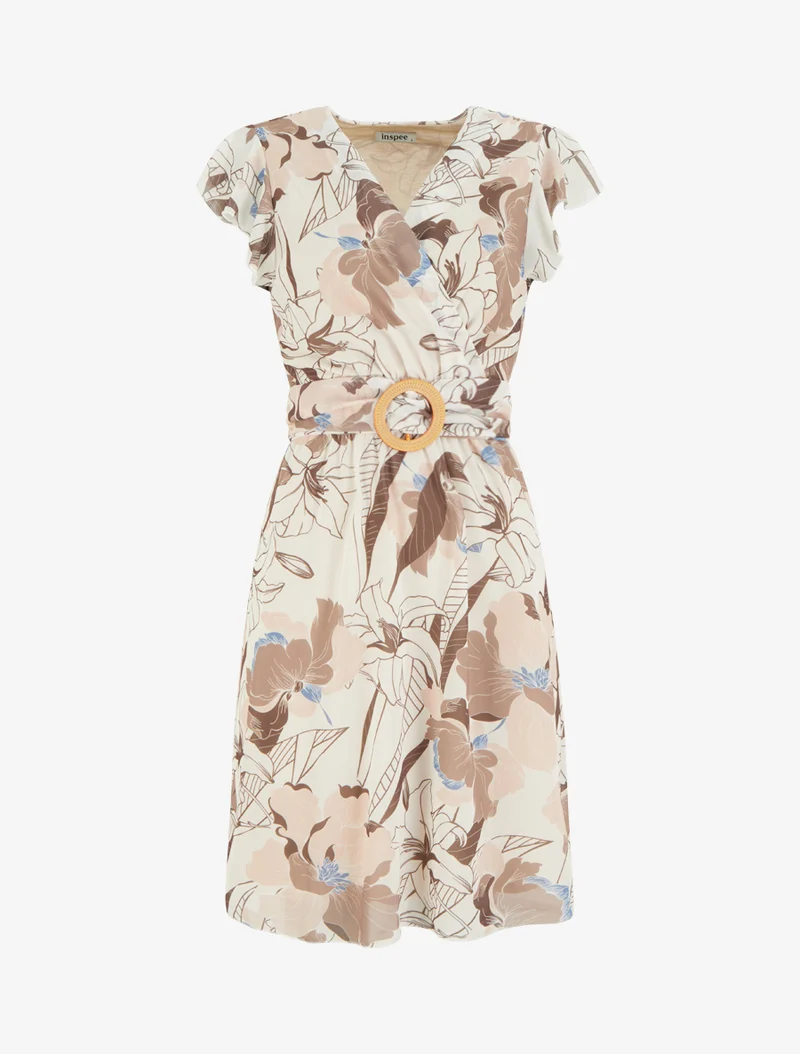 Robe mi-longue imprimé grandes fleurs à boucle - Marron