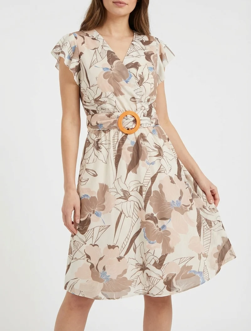 Robe mi-longue imprimé grandes fleurs à boucle - Marron