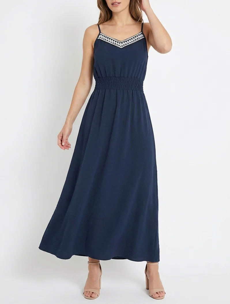 Robe longue unie à taille élastiquée - Marine