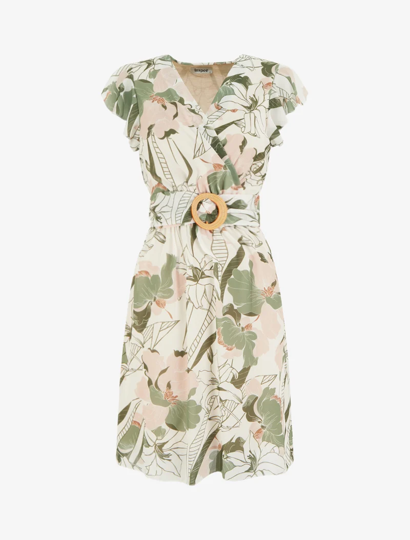 Robe mi-longue imprimé grandes fleurs à boucle - Kaki
