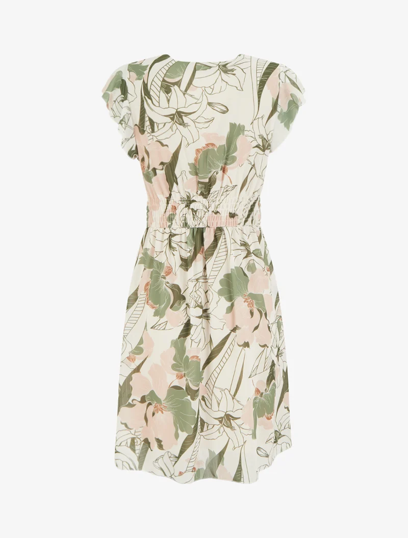 Robe mi-longue imprimé grandes fleurs à boucle - Kaki
