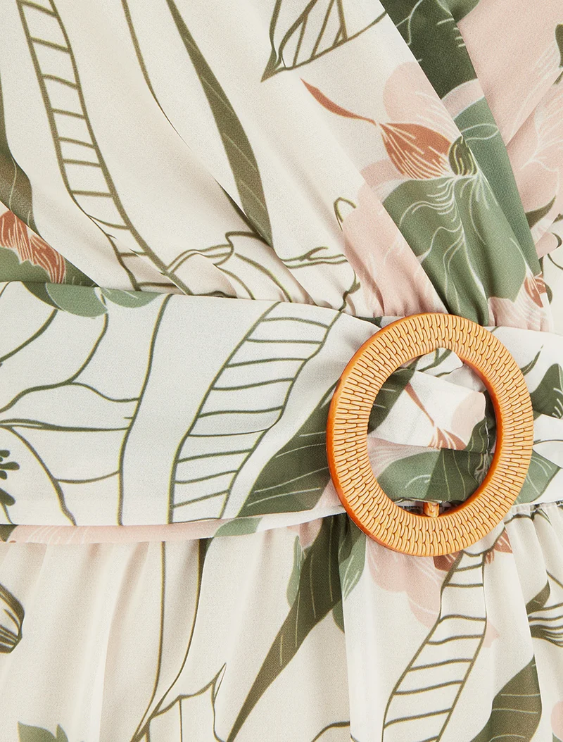 Robe mi-longue imprimé grandes fleurs à boucle - Kaki
