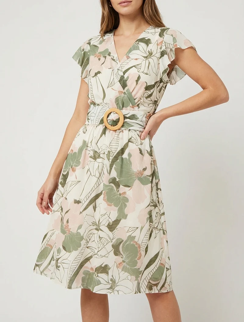 Robe mi-longue imprimé grandes fleurs à boucle - Kaki