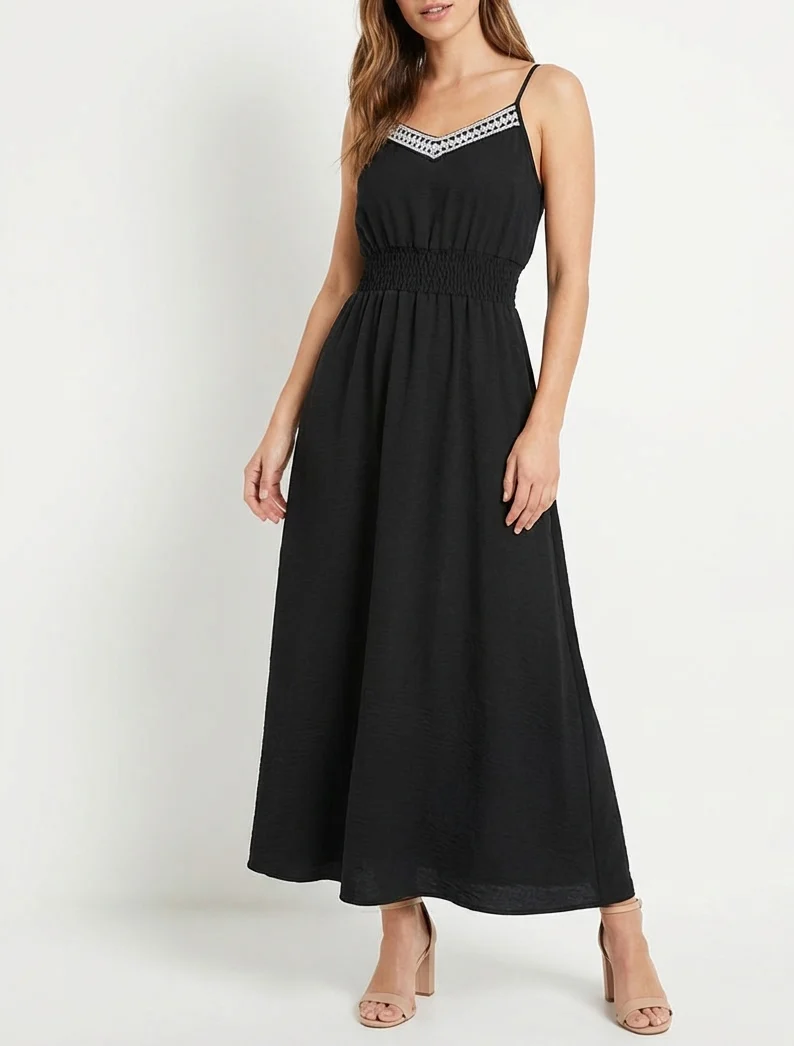 Robe longue unie à taille élastiquée - Noir