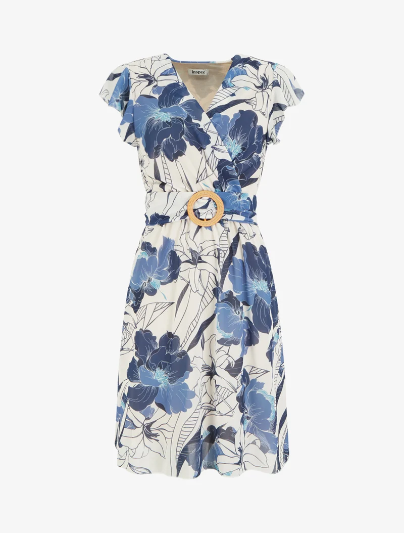Robe mi-longue imprimé grandes fleurs à boucle - Marine