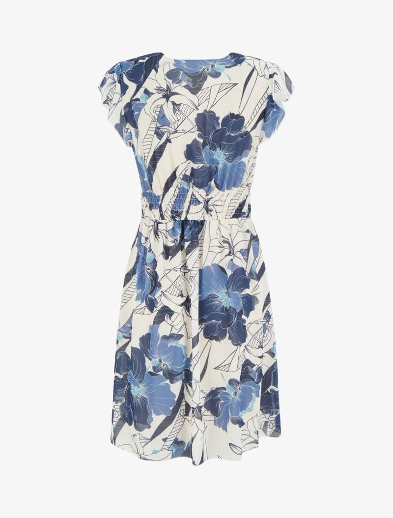Robe mi-longue imprimé grandes fleurs à boucle - Marine