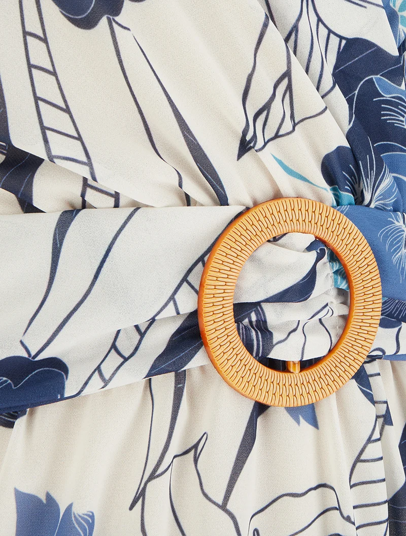 Robe mi-longue imprimé grandes fleurs à boucle - Marine