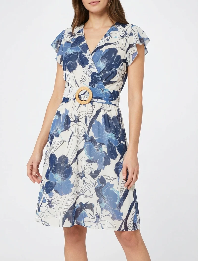 Robe mi-longue imprimé grandes fleurs à boucle - Marine
