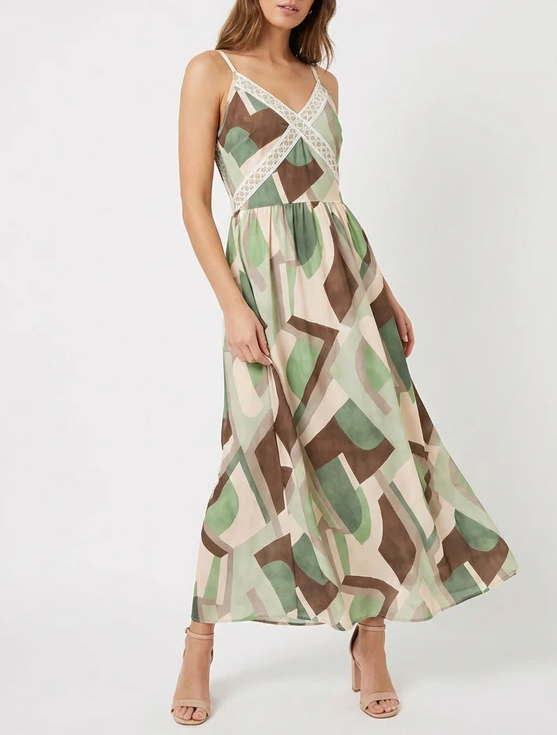 Robe imprimé graphique à empiècement broderie - Kaki