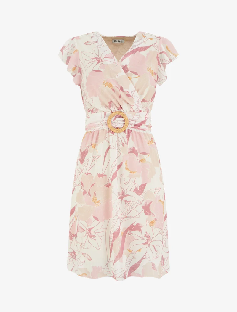Robe mi-longue imprimé grandes fleurs à boucle - Rose