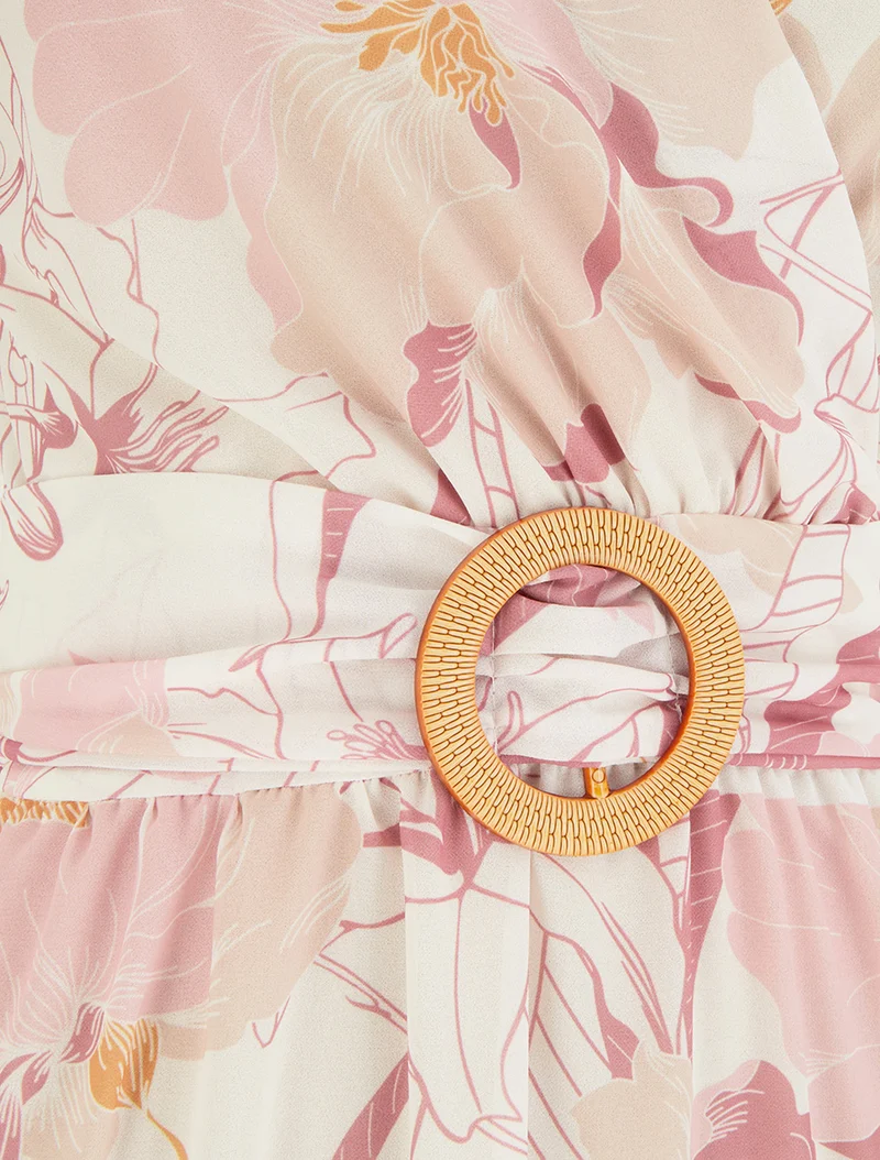 Robe mi-longue imprimé grandes fleurs à boucle - Rose
