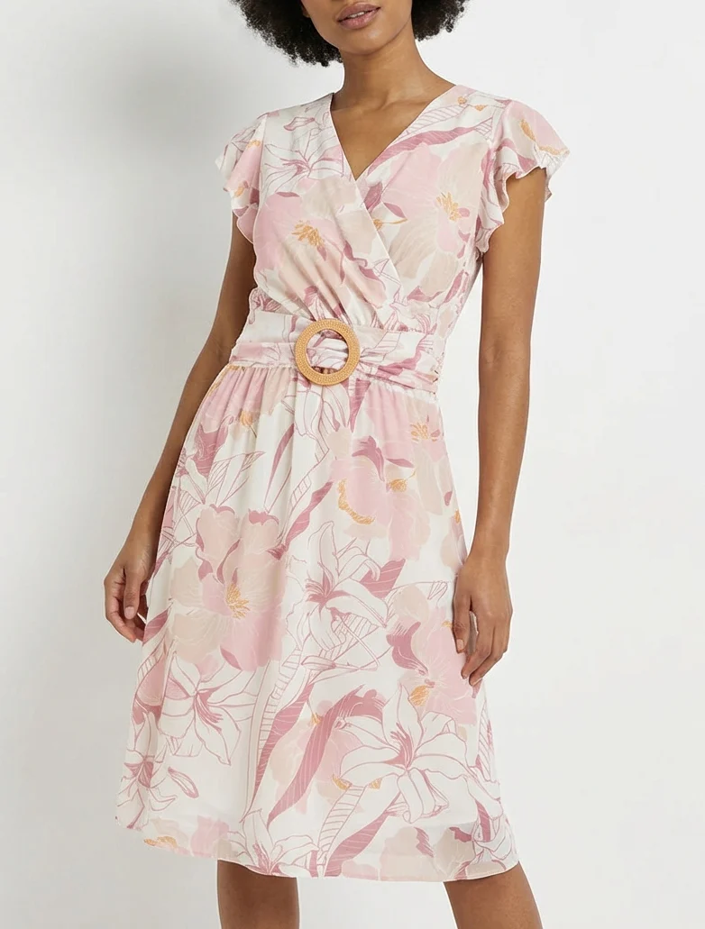 Robe mi-longue imprimé grandes fleurs à boucle - Rose