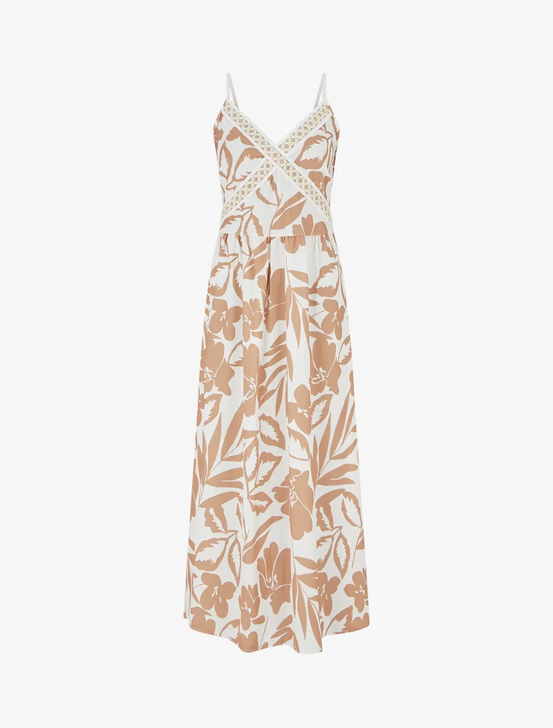 Robe fleurie à empiècement broderie - Camel