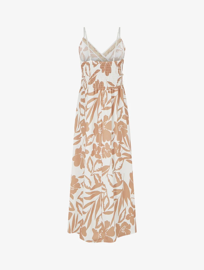Robe fleurie à empiècement broderie - Camel