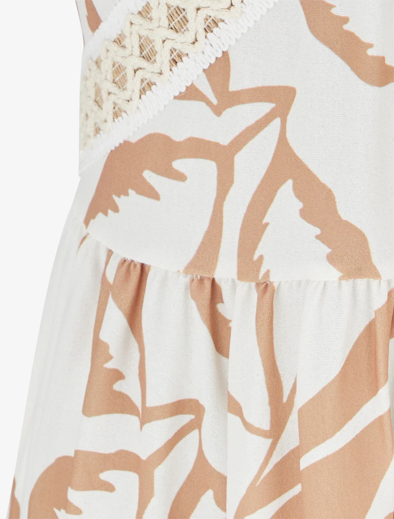 Robe fleurie à empiècement broderie - Camel
