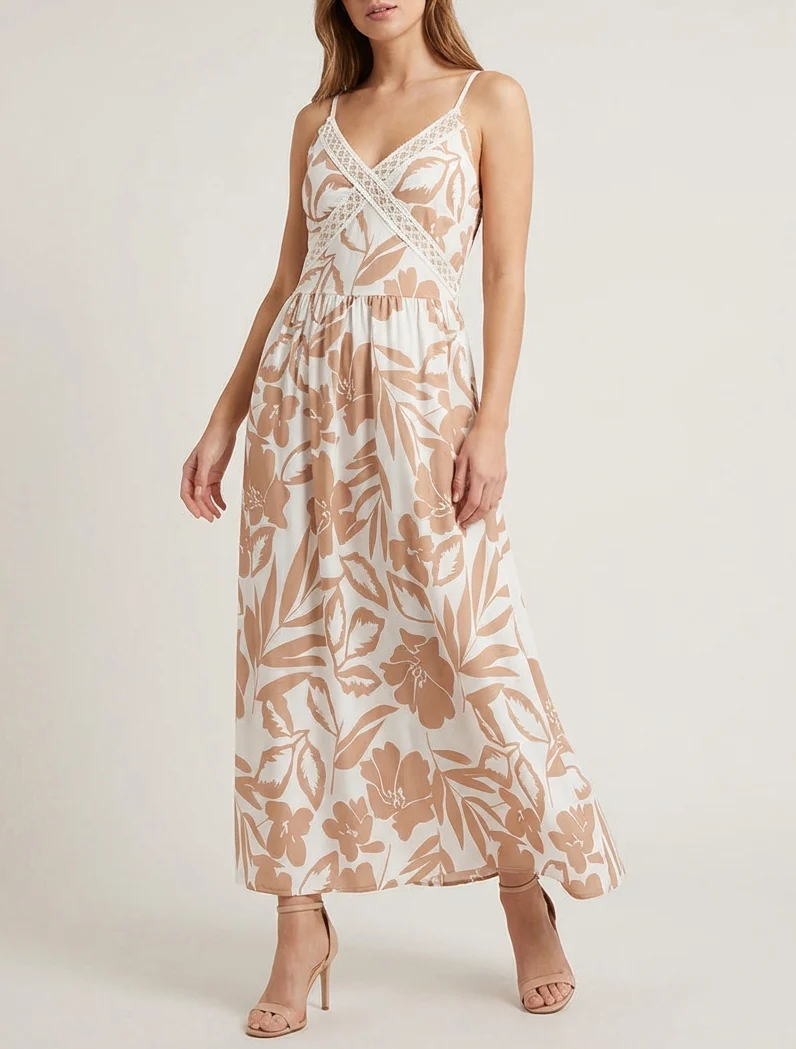 Robe fleurie à empiècement broderie - Camel