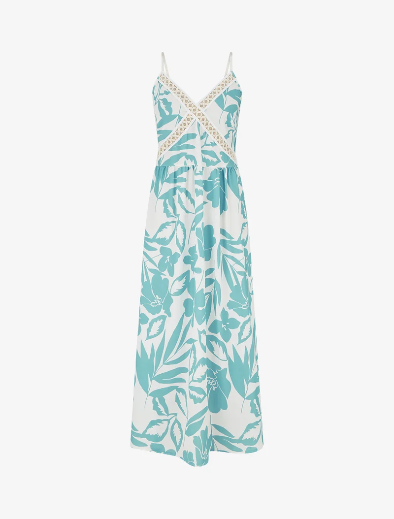 Robe fleurie à empiècement broderie - Turquoise
