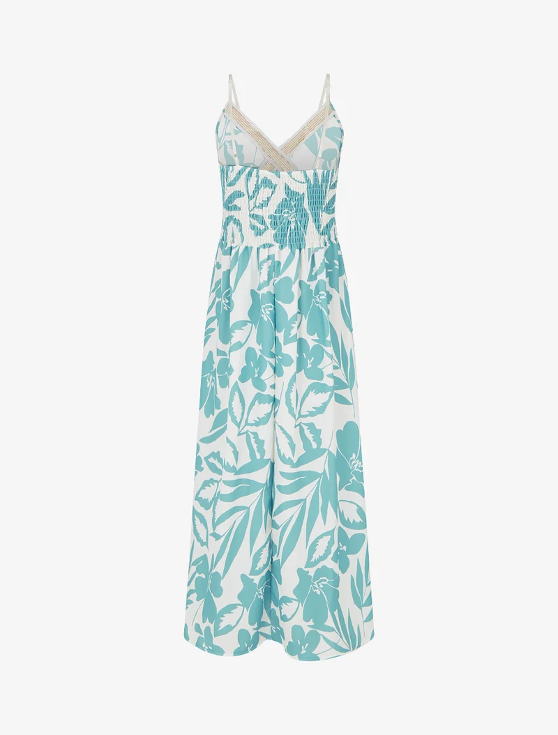 Robe fleurie à empiècement broderie - Turquoise