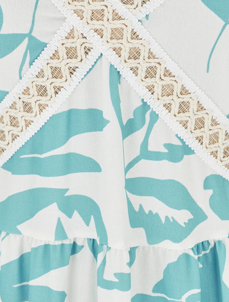 Robe fleurie à empiècement broderie - Turquoise