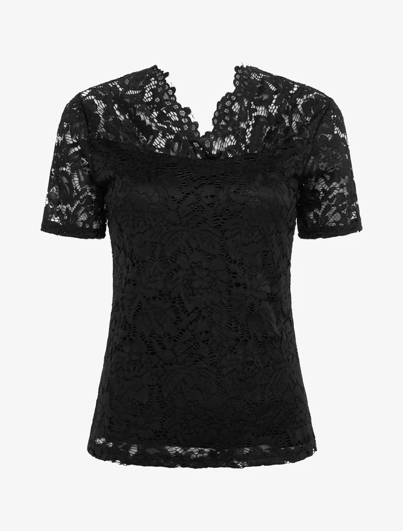 Top en dentelle à manches courtes - Noir