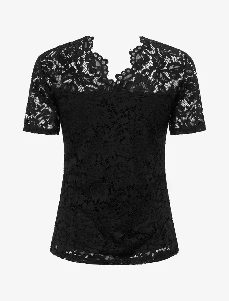 Top en dentelle à manches courtes - Noir