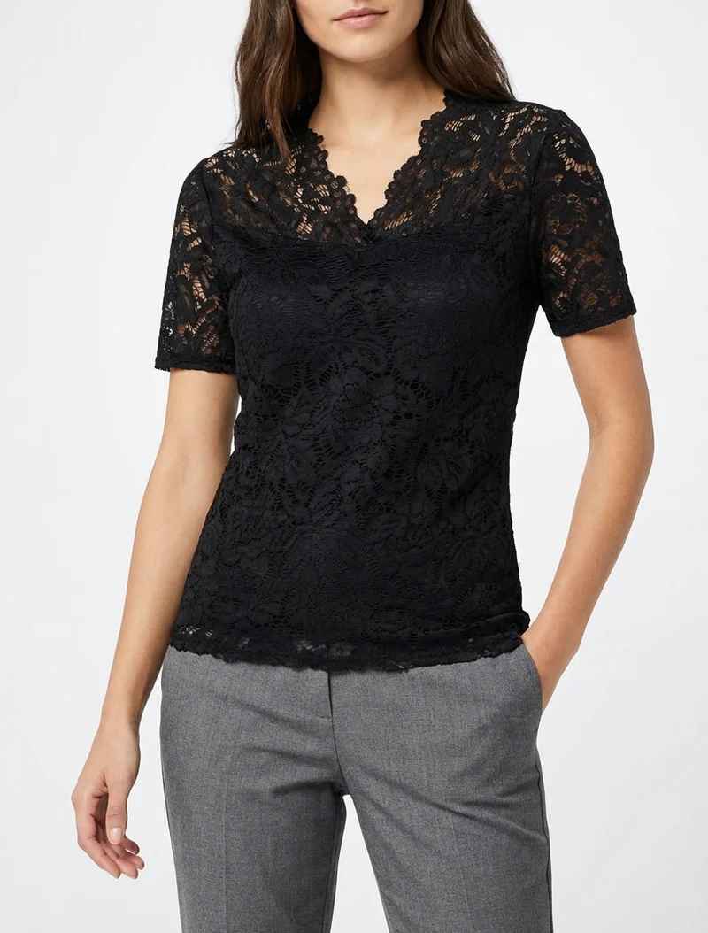 Top en dentelle à manches courtes - Noir