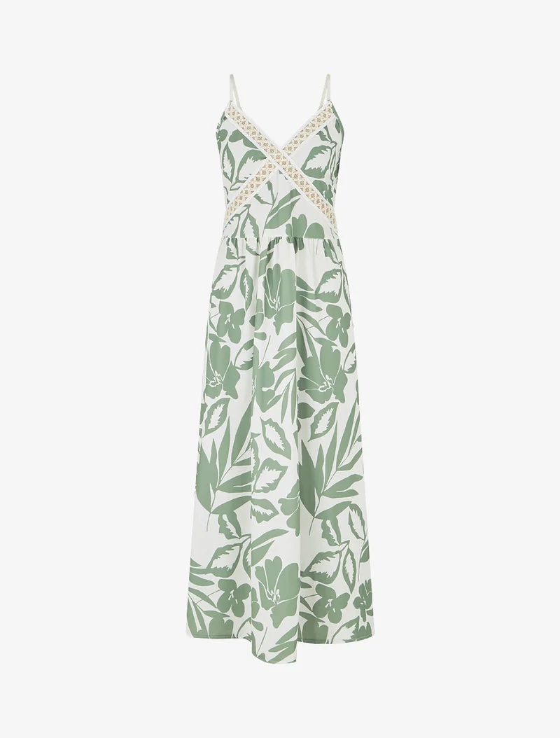 Robe fleurie à empiècement broderie - Kaki