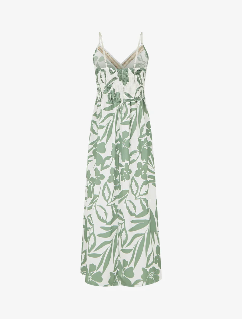 Robe fleurie à empiècement broderie - Kaki