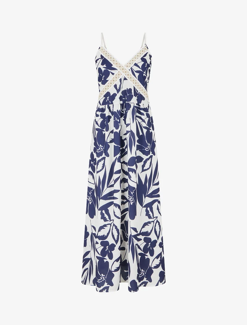 Robe fleurie à empiècement broderie - Marine