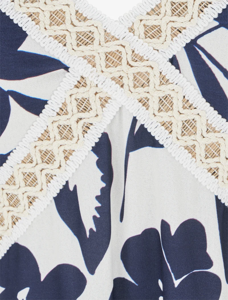 Robe fleurie à empiècement broderie - Marine