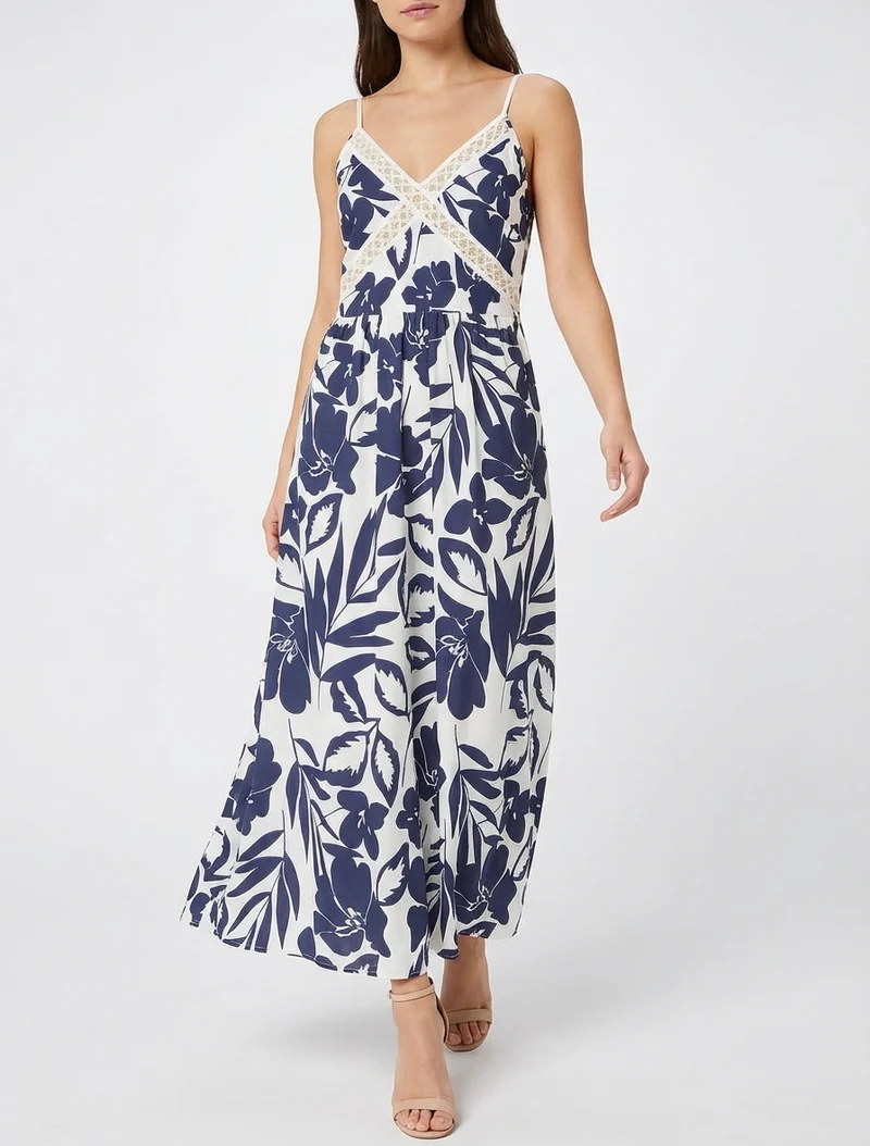 Robe fleurie à empiècement broderie - Marine
