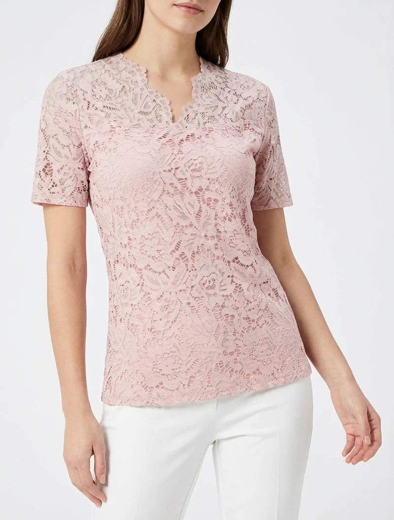 Top en dentelle à manches courtes - Rose
