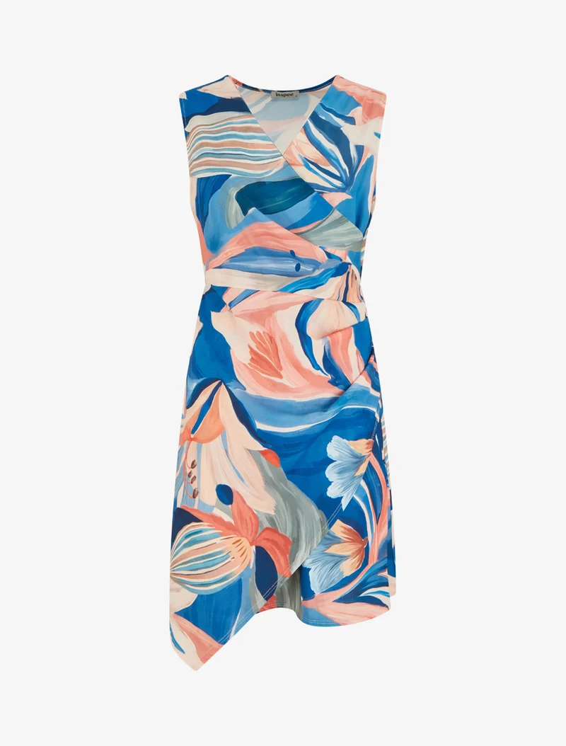 Robe style portefeuille sans manches imprimé fleurs de lys - Bleu foncé