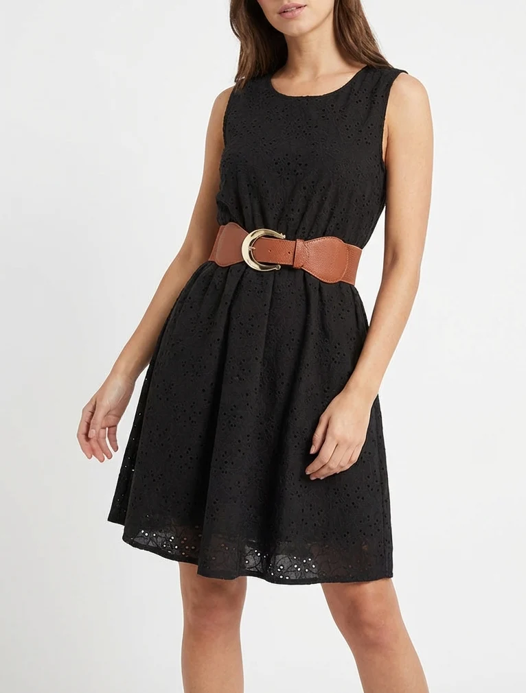 Robe évasée sans manches en broderie anglaise - Noir