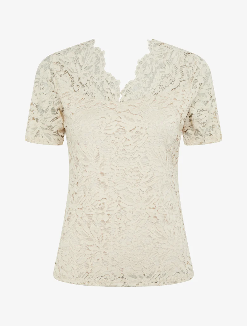 Top en dentelle à manches courtes - Beige