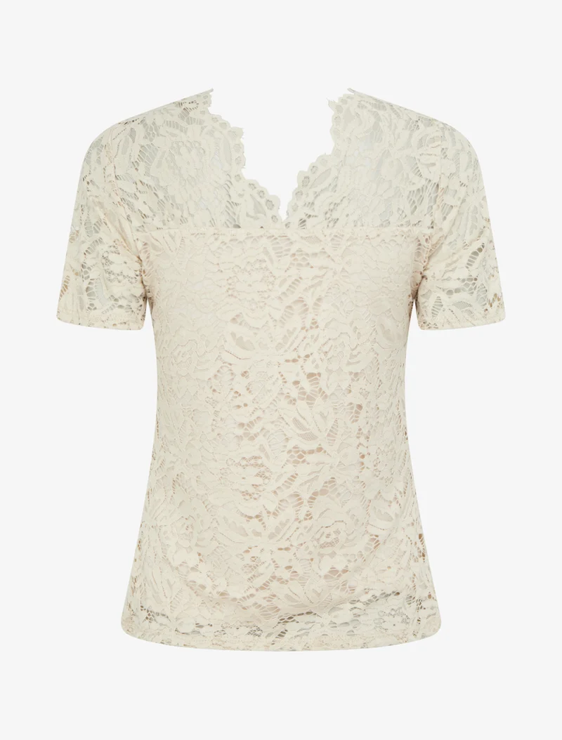Top en dentelle à manches courtes - Beige