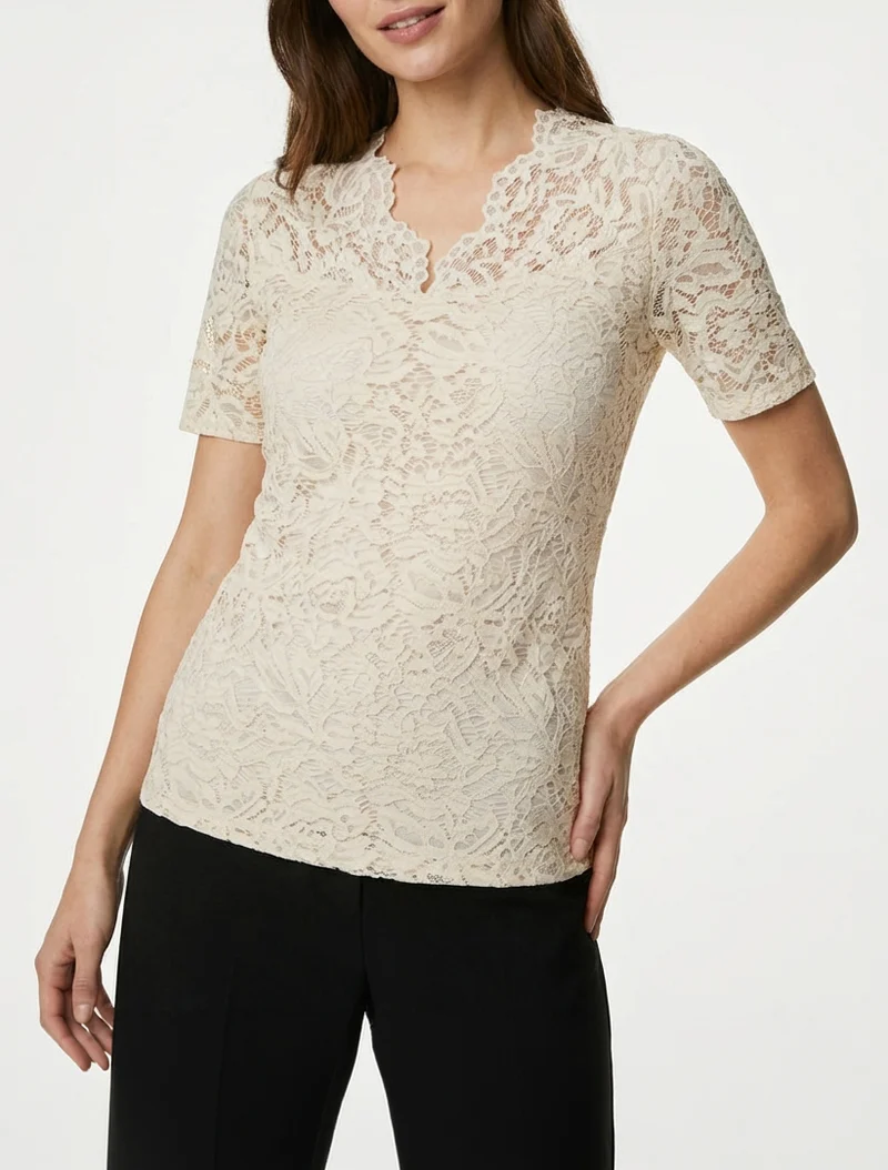 Top en dentelle à manches courtes - Beige