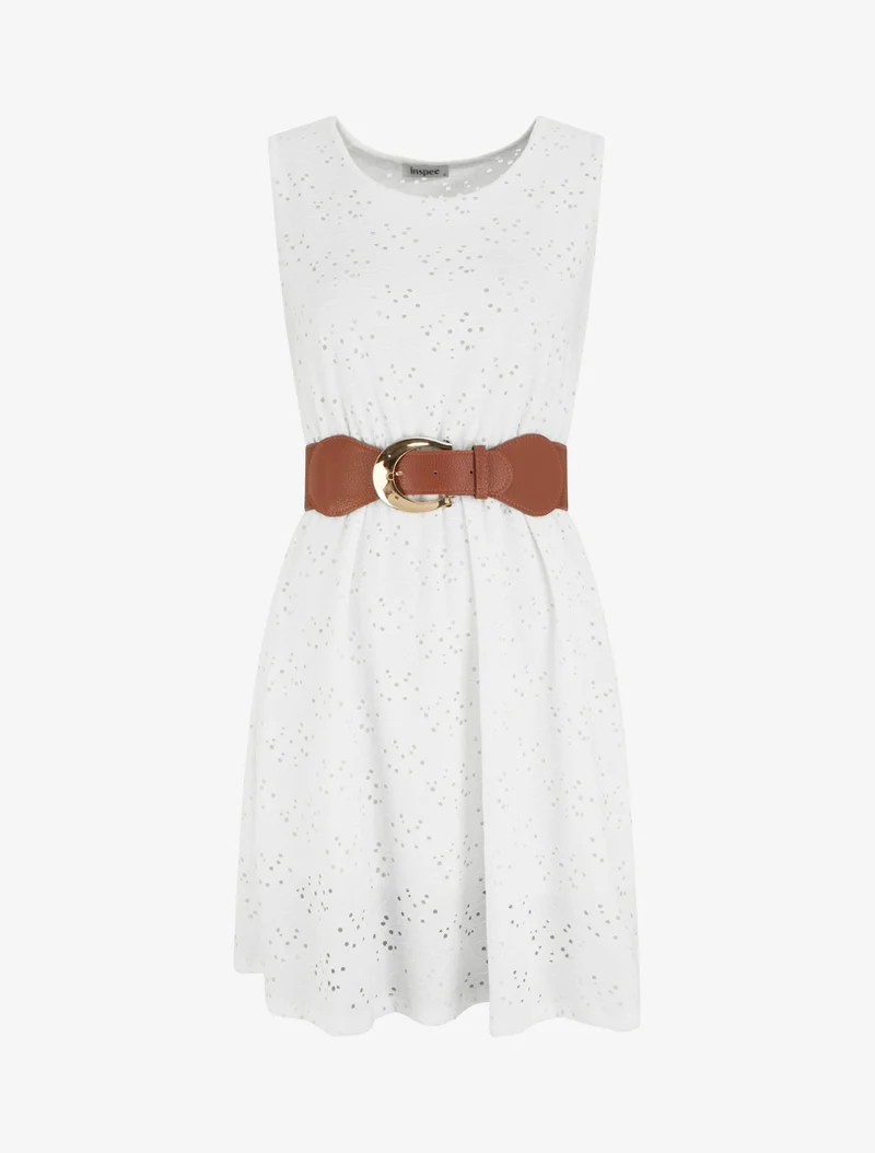 Robe évasée sans manches en broderie anglaise - Blanc