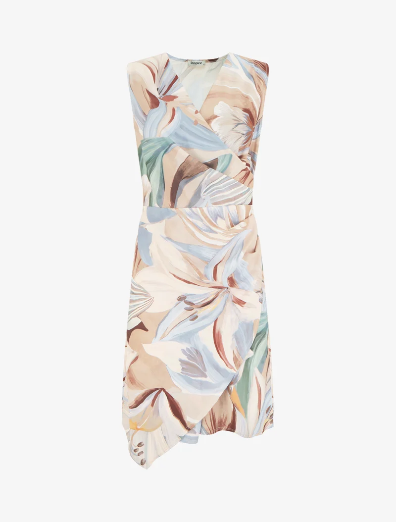 Robe style portefeuille sans manches imprimé fleurs de lys - Beige