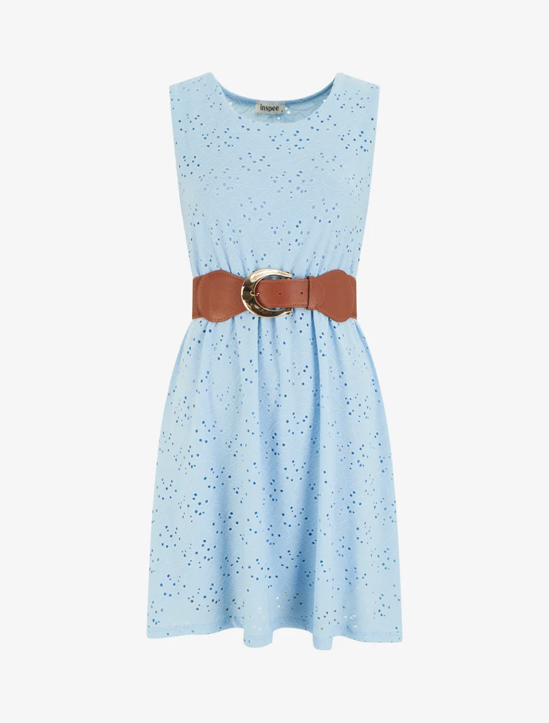 Robe évasée sans manches en broderie anglaise - Bleu ciel