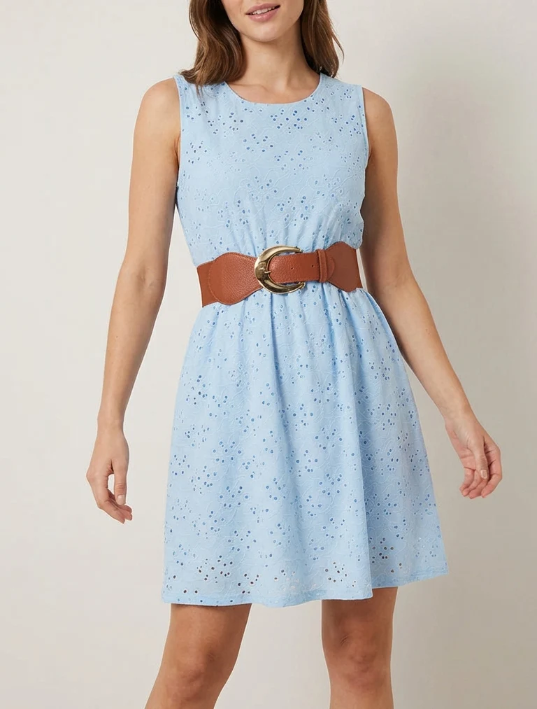 Robe évasée sans manches en broderie anglaise - Bleu ciel