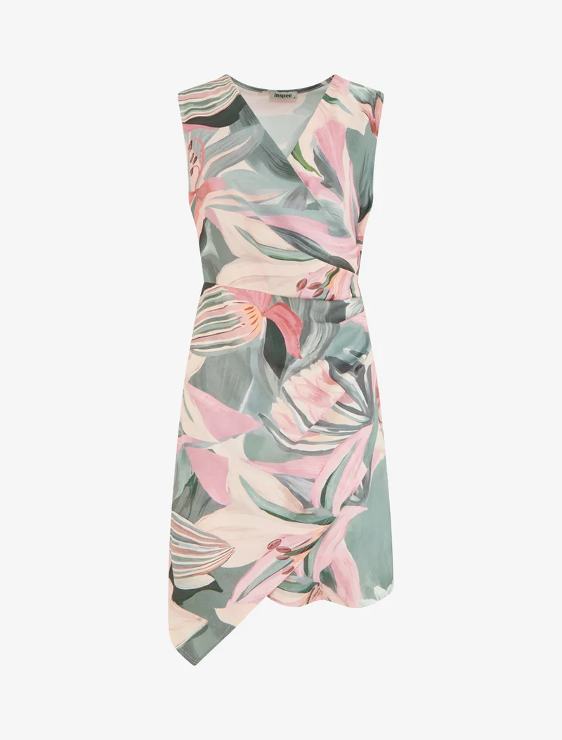 Robe style portefeuille sans manches imprimé fleurs de lys - Kaki